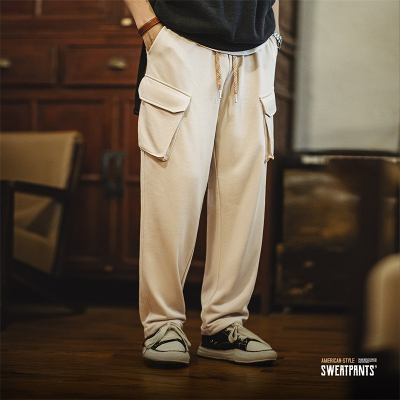 馬登工裝 美式復古多口袋直筒衛褲鬆緊腰抽繩運動休閒褲子男秋