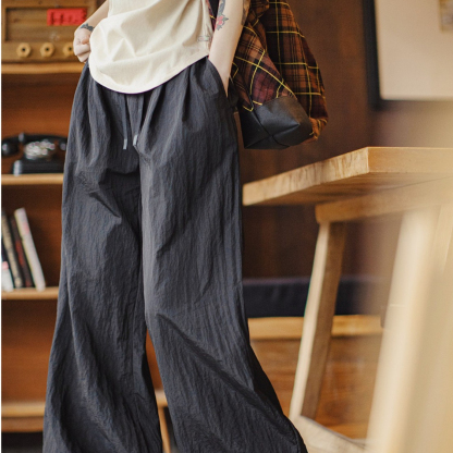 馬登女裝 夏季黑色鬆弛感休閒褲寬鬆工裝褲闊腿顯瘦抽繩束脚長褲