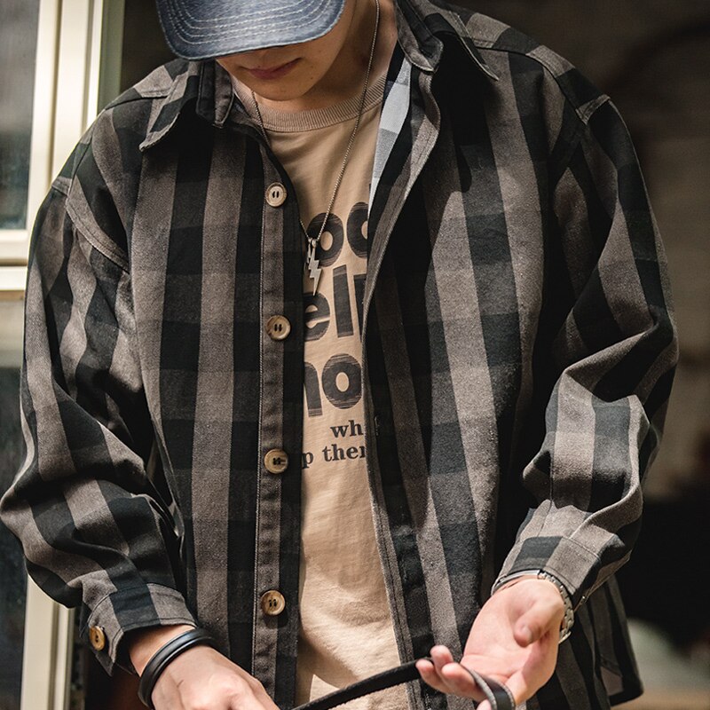馬登工裝 美式復古輪廓重磅格子襯衫夾克厚實格紋寬鬆襯衫外套