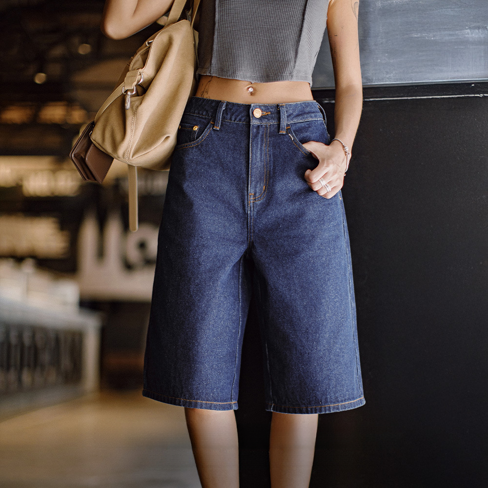 馬登女裝 復古深藍丹寧牛仔七分褲闊腿顯瘦修腿型牛仔褲