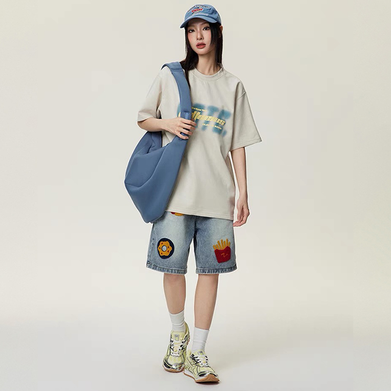 美式街頭做舊創意毛巾繡牛仔短褲男女潮牌高街直筒五分褲