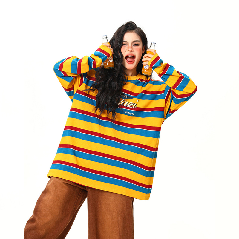 美式復古彩虹條紋長袖衛衣T恤女撞色氛圍感秋季寬鬆上衣