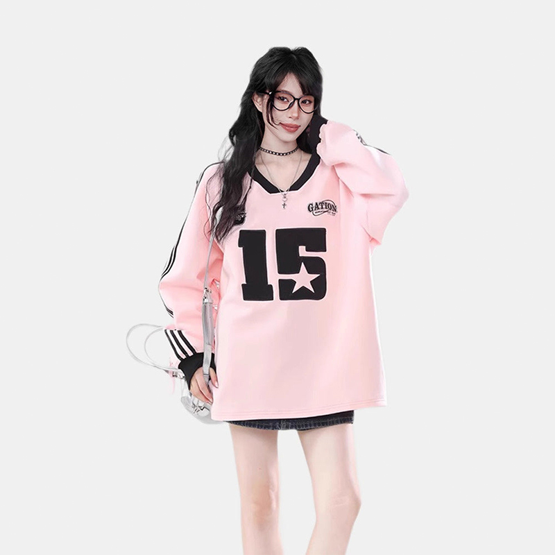 粉色多巴胺正肩V領寬鬆長袖衛衣春秋套頭運動上衣情侶