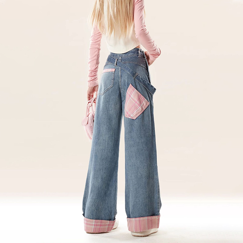 美式復古侧边拉链牛仔裤設計感可拆卸腰帶格紋拼接阔腿裤