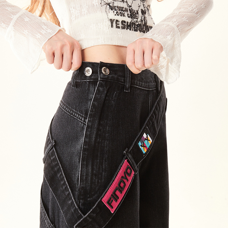 側邊拉鍊漸變黑色牛仔褲秋季高腰美式寬褲梨型身材寬鬆長褲