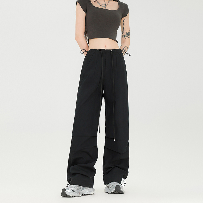 美式復古褶皺工裝褲抽繩降落傘兵褲街潮直筒束腳休閒褲