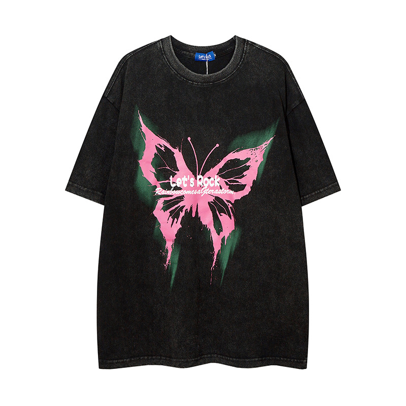 美式復古哥特風蝴蝶印花Chic寬鬆T恤潮流設計感情侶短袖上衣