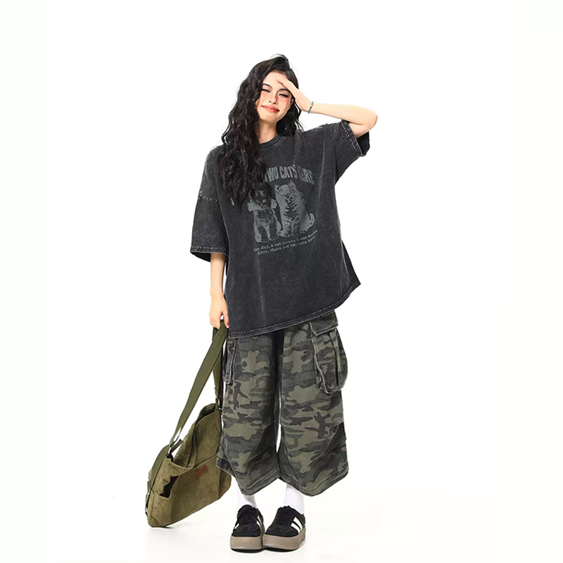 美式復古黑貓印花短袖T卹夏季寬鬆水洗做舊潮牌情侶Tee