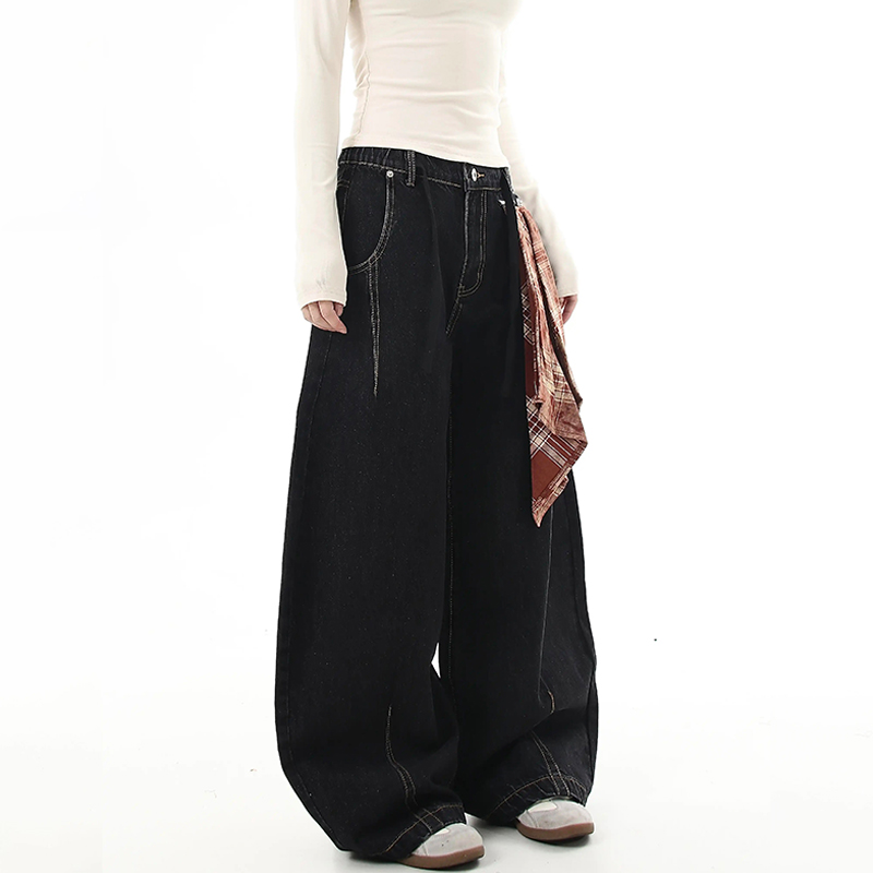 美式復古丹寧原色彎刀牛仔褲可拆式方巾寬褲休閒褲