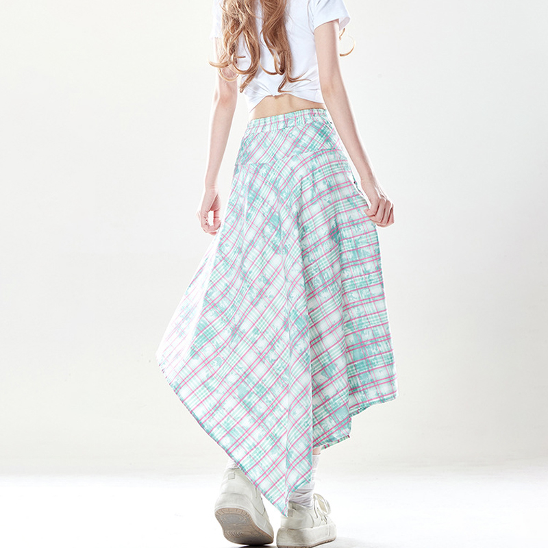 美式不規則翻腰頭設計感紮染格紋半身裙夏季休閒中長裙子