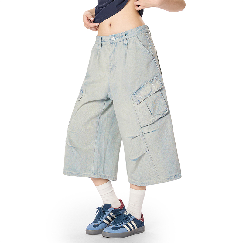 美式復古水洗做舊牛仔短褲男女潮牌高級痞帥風闊腿七分褲