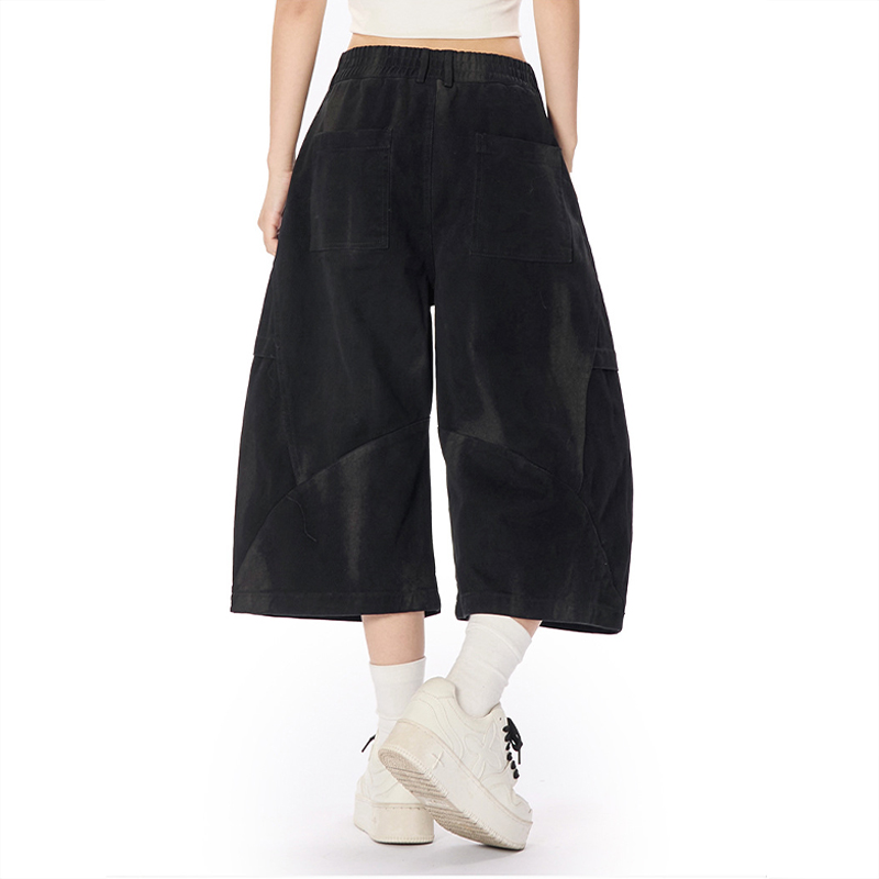 美式復古做舊髒染工裝七分褲男女高街潮牌休閒褶皺設計感寬褲