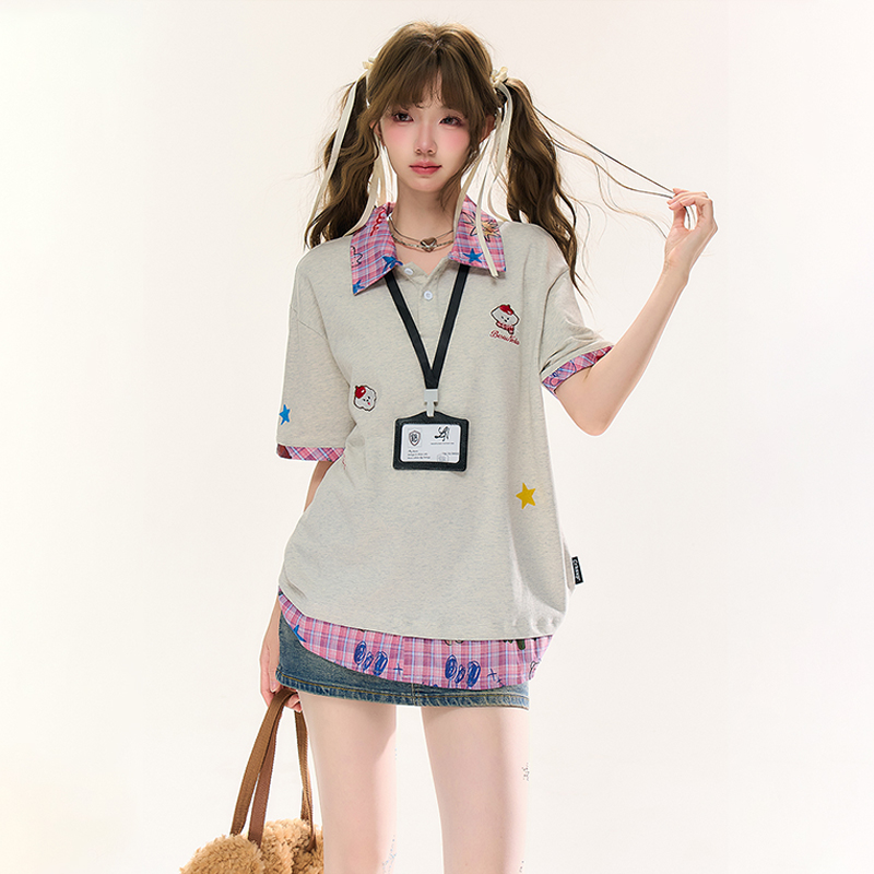 美式刺繡小狗格紋Polo領短袖T卹寬鬆學院風假兩件半袖