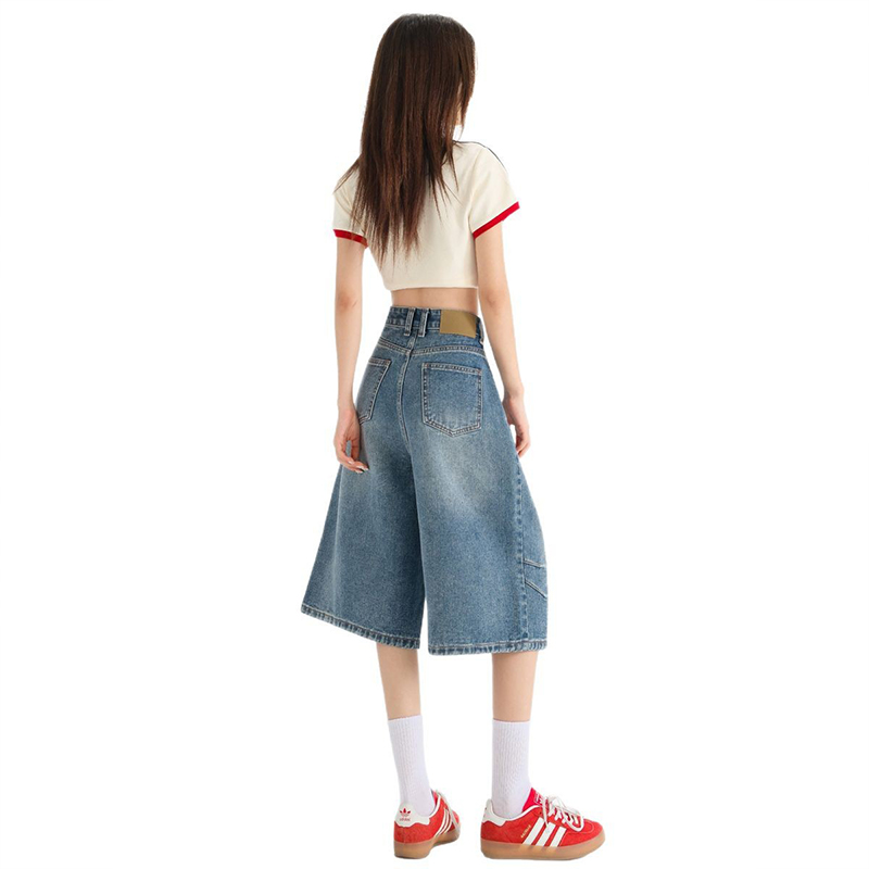 美式復古高腰顯瘦寬鬆褶皺七分褲做舊設計感七分闊腿牛仔褲