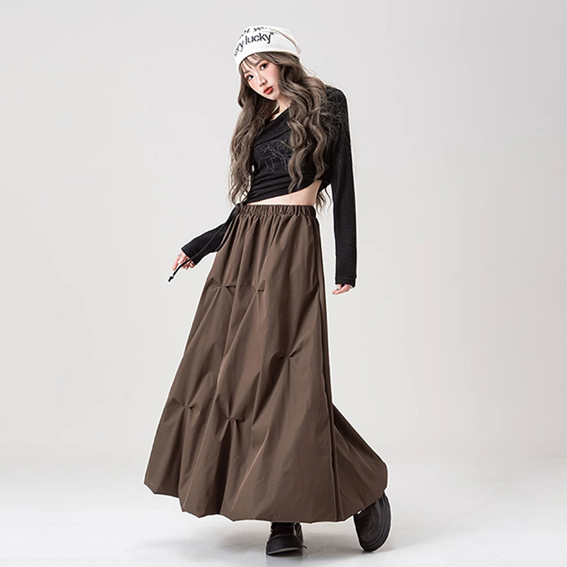 美式復古咖色褶皺花苞半身裙春夏高腰辣妹A字長裙