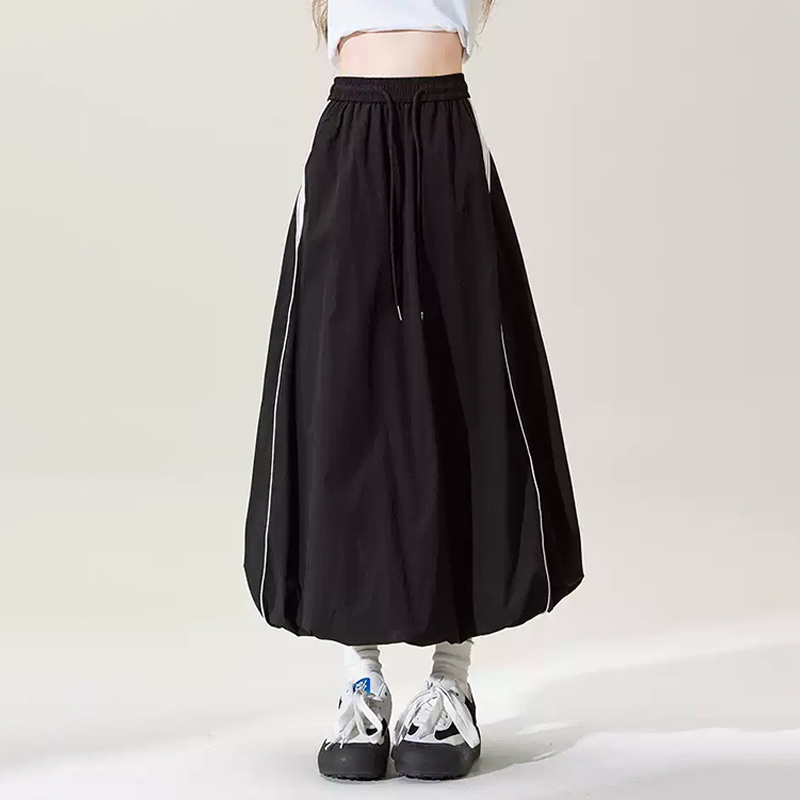 美式復古運動風花苞工裝裙女夏季薄款撞色高腰抽繩速乾A字蓬蓬半身裙