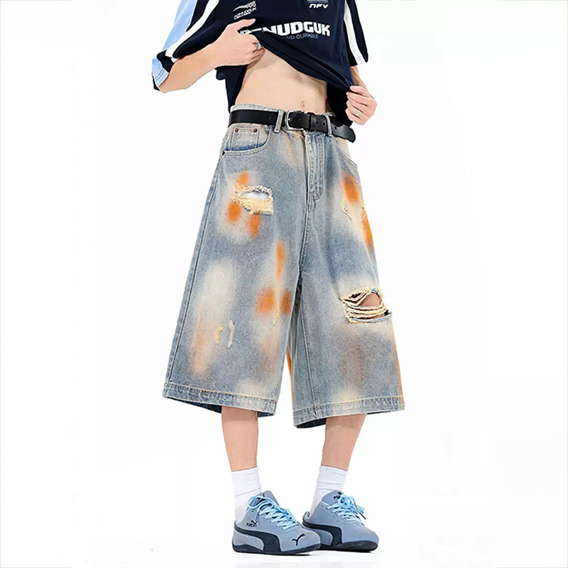 廢土風美式髒染破洞牛仔短褲夏季復古設計感hiphop闊腿七分褲