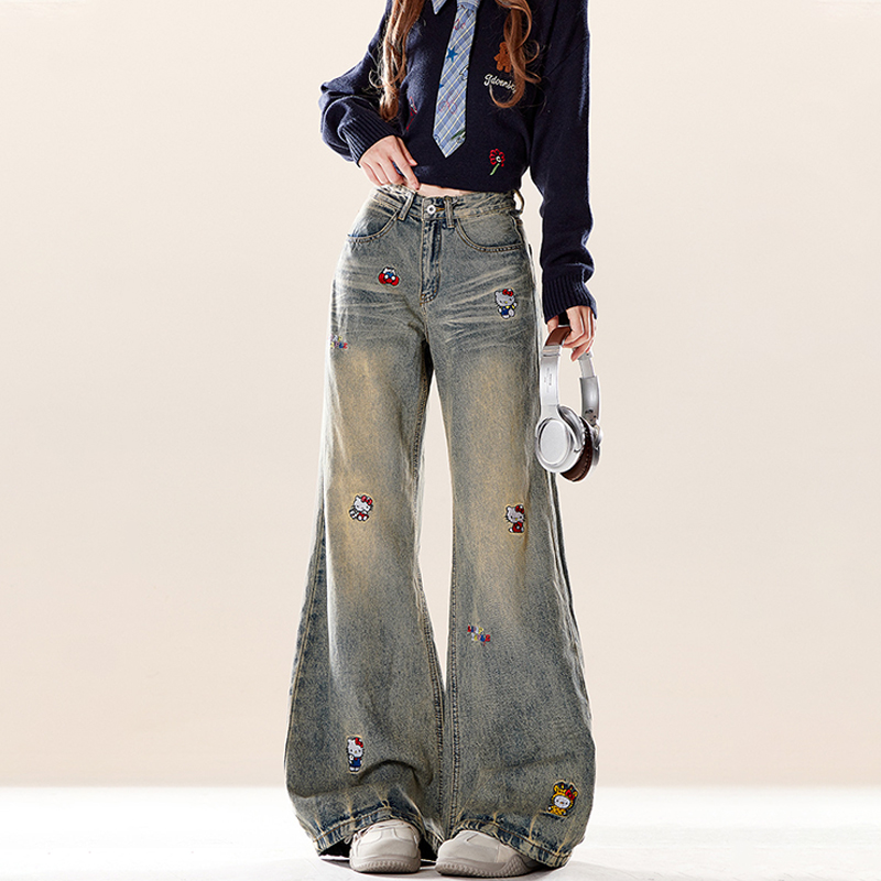 美式復古Kitty貓刺繡牛仔褲秋冬季做舊慵懶風闊腿牛仔褲子