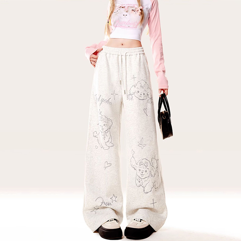 美式復古可愛小狗印花休閒衛褲秋冬季直筒寬鬆運動闊腿褲子