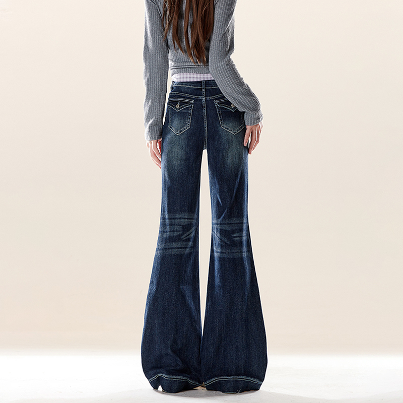 美式復古微喇牛仔褲秋冬季水洗做舊小眾設計感修身顯瘦喇叭褲