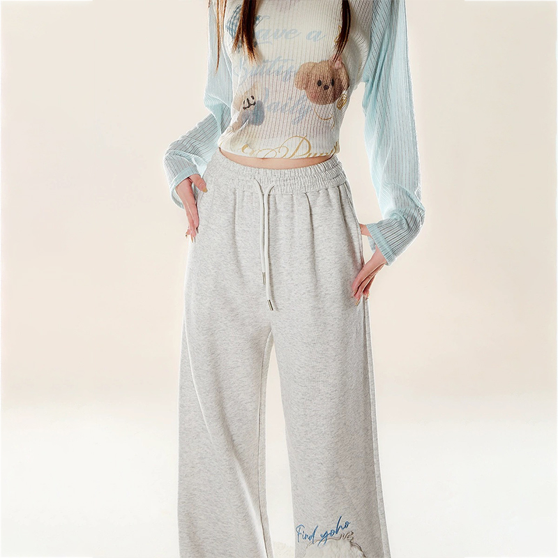 美式復古可愛小狗貼布繡休閒衛褲百搭直筒寬鬆運動闊腿褲