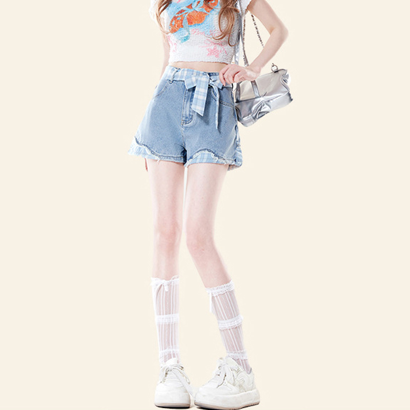 潮流藍白格紋蝴蝶結拼接短褲女夏季少女感淺色熱褲顯瘦褲子