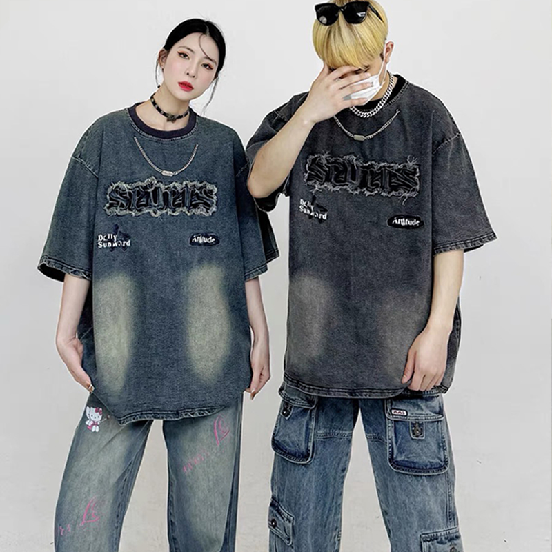 美式復古貼布繡水洗做舊牛仔T恤小眾鏈條設計感寬鬆情侶上衣