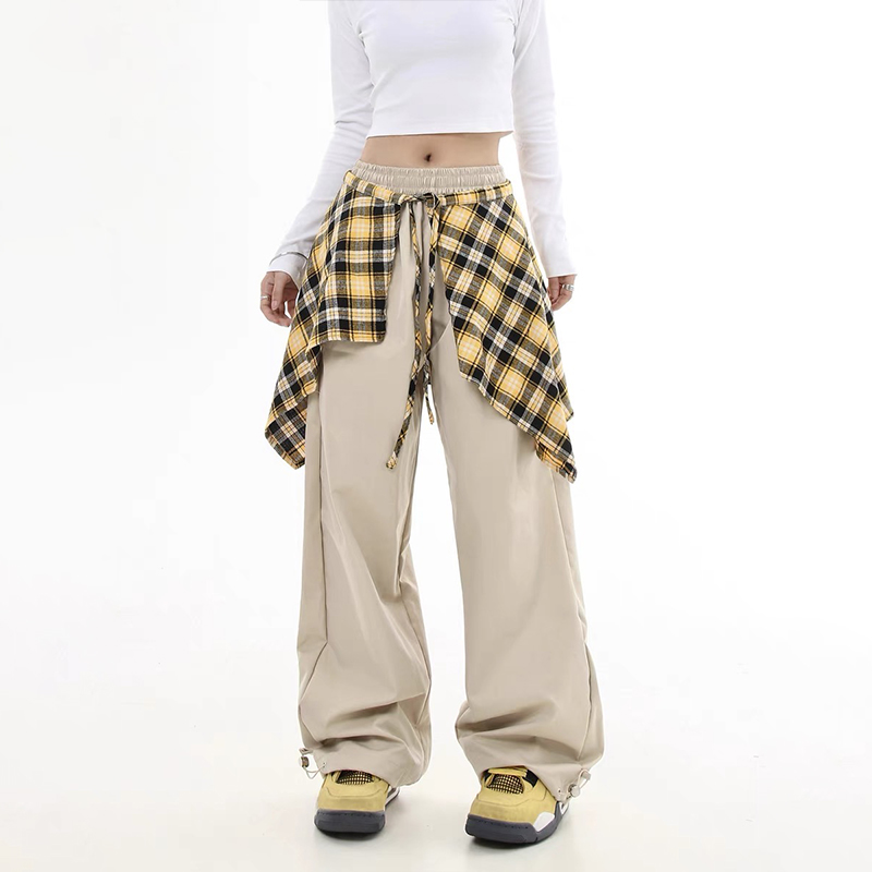 美式復古可拆卸格子裙擺休閑褲男女直筒Hiphop街舞褲子