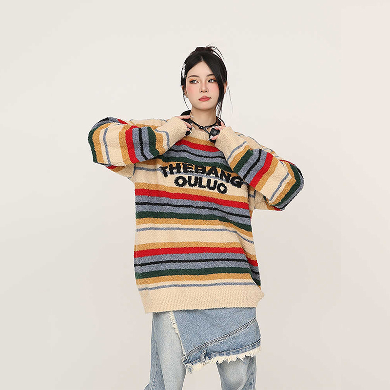 美式復古彩色條紋秋冬加厚針織衫寬鬆設計感慵懶風情侶毛衣
