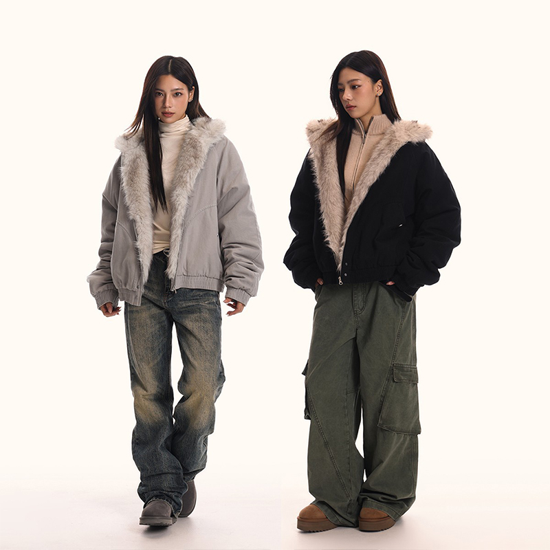 美式復古座山雕毛領外套女冬季加絨加厚保暖工裝夾克棉服