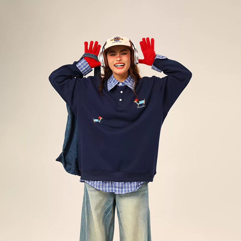 美式復古格紋拼接Polo領加絨衛衣學院風襯衫拼接假兩件情侶套頭上衣