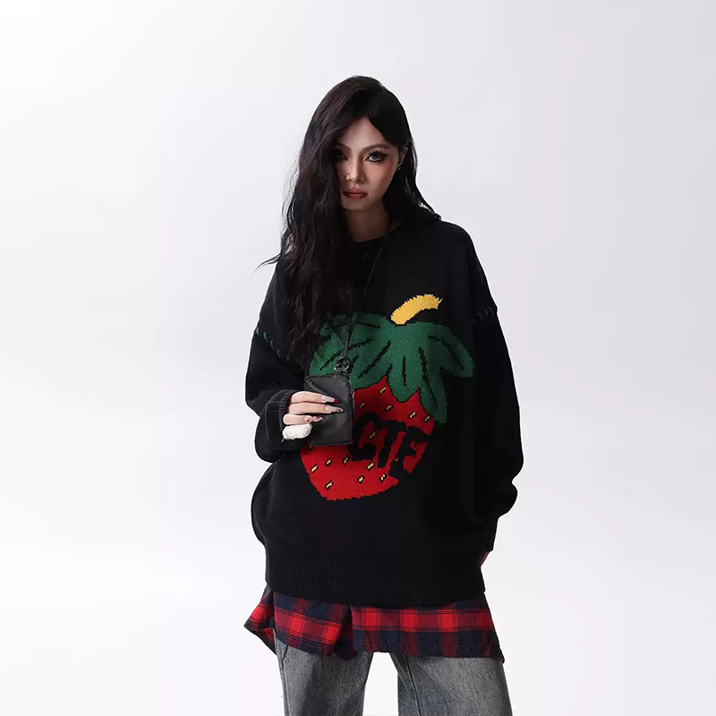 美式甜酷草莓提花針織衫慵懶風軟糯寬鬆情侶毛衣