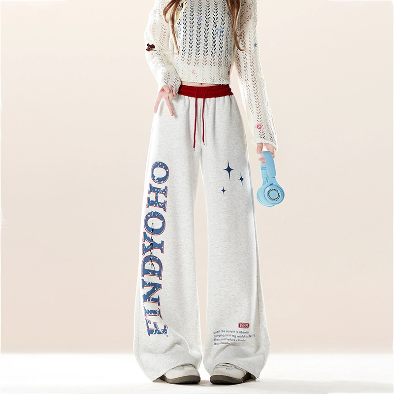 美式復古字母印花休閒衛褲春秋季撞色拼接百搭寬鬆闊腿褲子