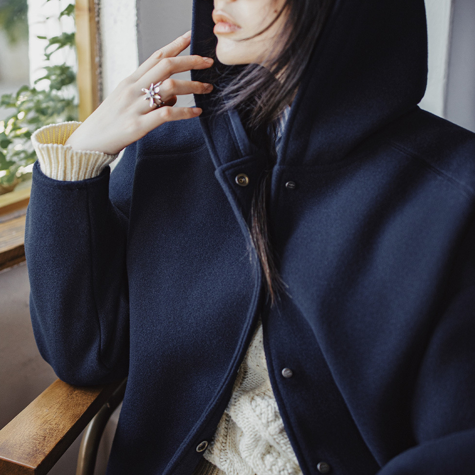 馬登女裝 復古藏青色收腰休閒加厚防風連帽毛呢呢子外套開衫上衣女秋冬