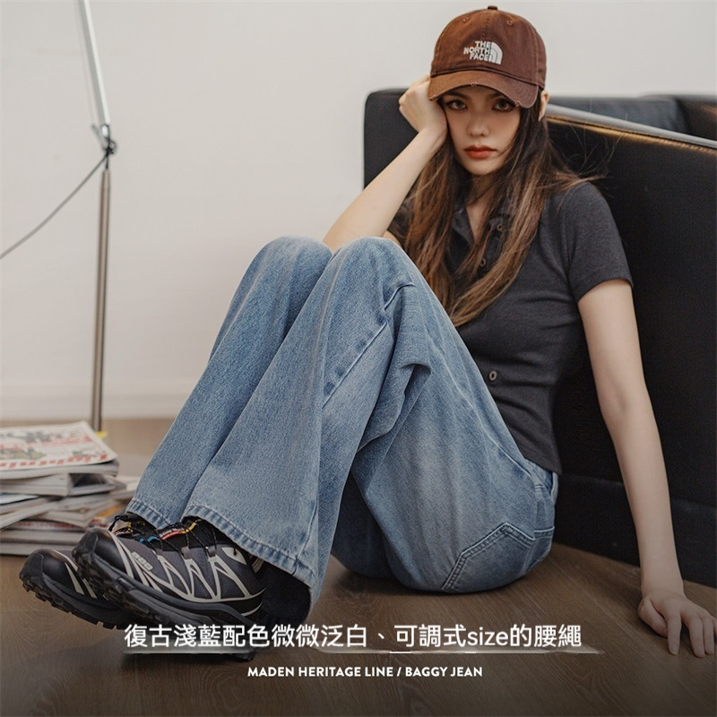 馬登女裝 復古淺藍色闊腿牛仔褲抽繩直筒褲垂感休閒長褲