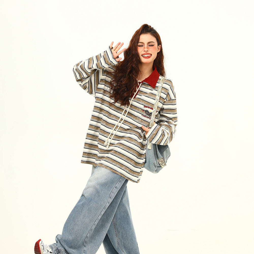 美式復古學院風條紋長袖Polo衫撞色氛圍感Oversize翻領情侶上衣