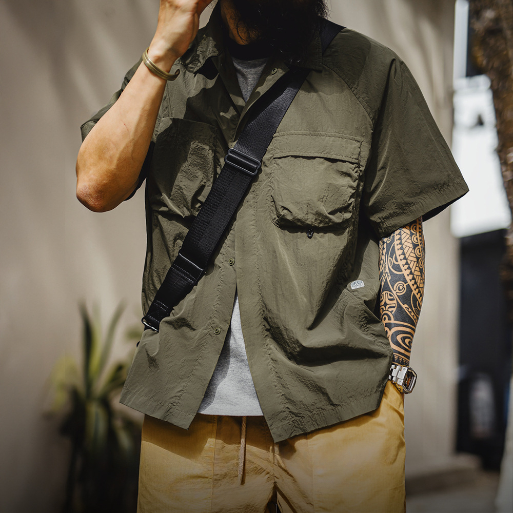 馬登工裝 山系戶外短袖襯衫速幹黃色肌理感薄款日系口袋襯衣男款夏