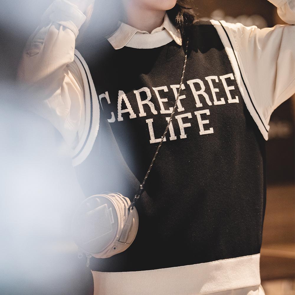 馬登工裝 男女同款學院風針織馬甲背心圓領套頭毛衣無袖疊穿上衣