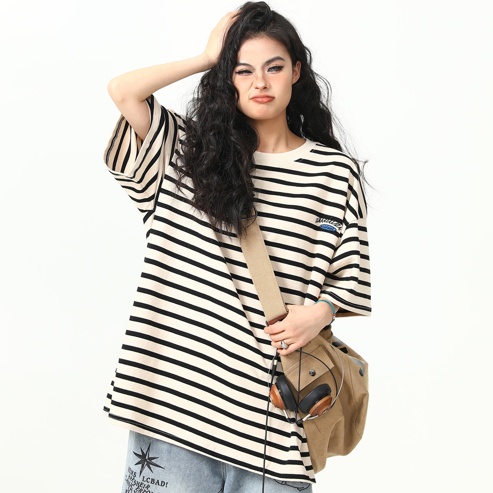 美式復古300g重磅條紋短袖T恤女寬鬆百搭上衣