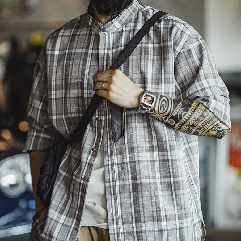 馬登工裝 美式復古立領格子襯衫Cleanfit混紡休閒長袖襯衣男秋