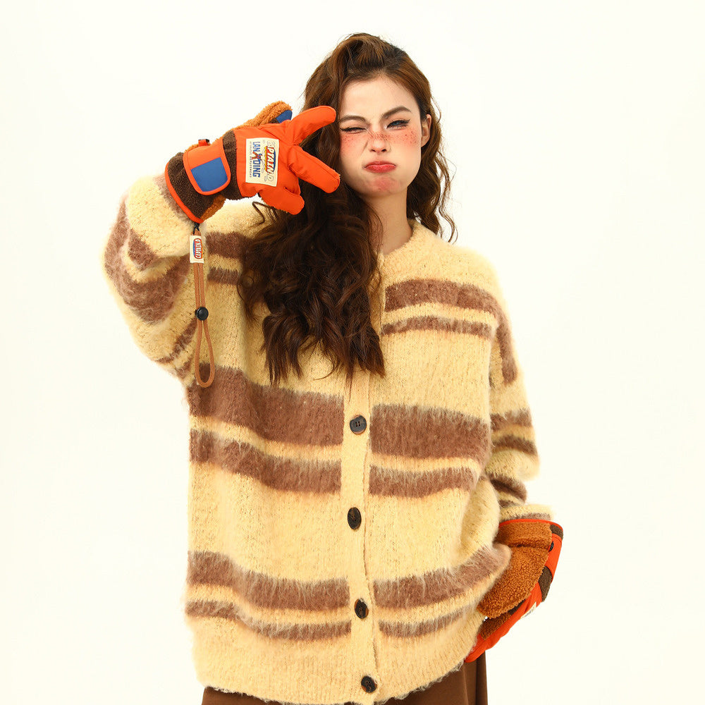美式復古軟糯仿貂毛針織衫外套秋冬條紋慵懶寬鬆情侶外套