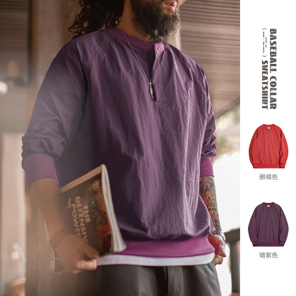 馬登工裝 美式復古棒球領衛衣新年紅色上衣寬鬆套頭衫圓領T恤男春