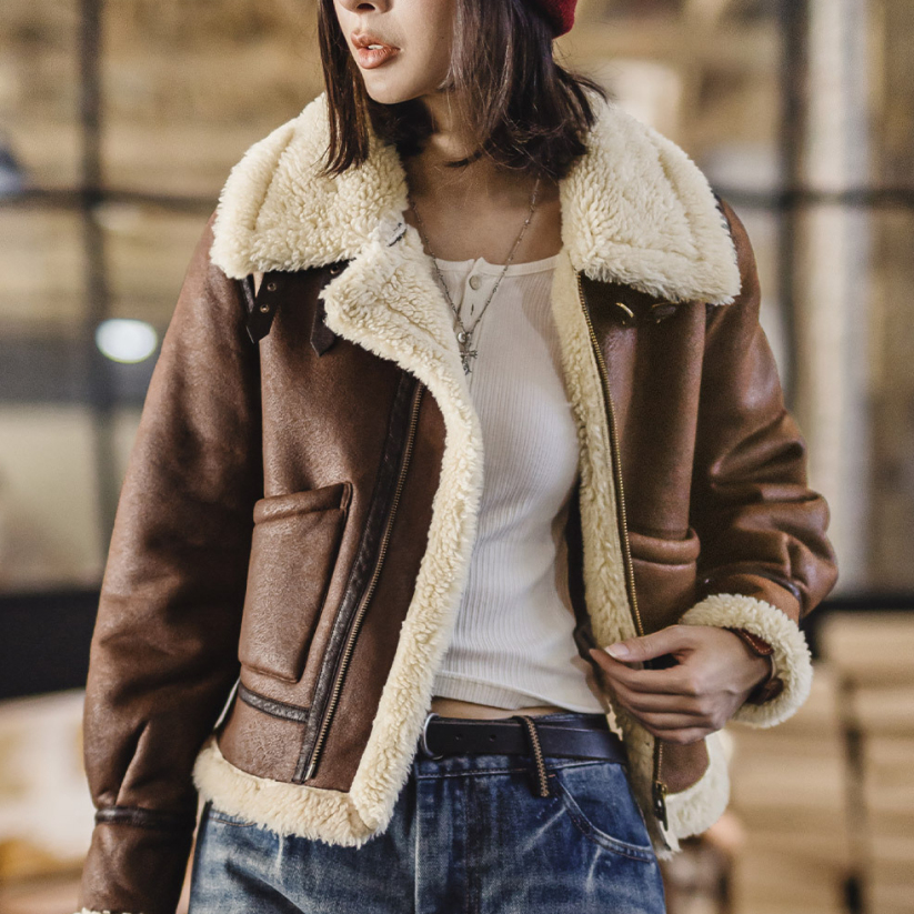 馬登女裝 立翻領麂皮仿羊羔毛加厚飛行員短款棉服衣襖夾克外套秋冬