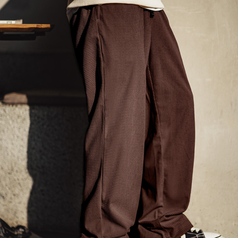 馬登工裝 美式方格黃色玉米絨休閒褲直筒抽繩束脚寬鬆長褲子男款春