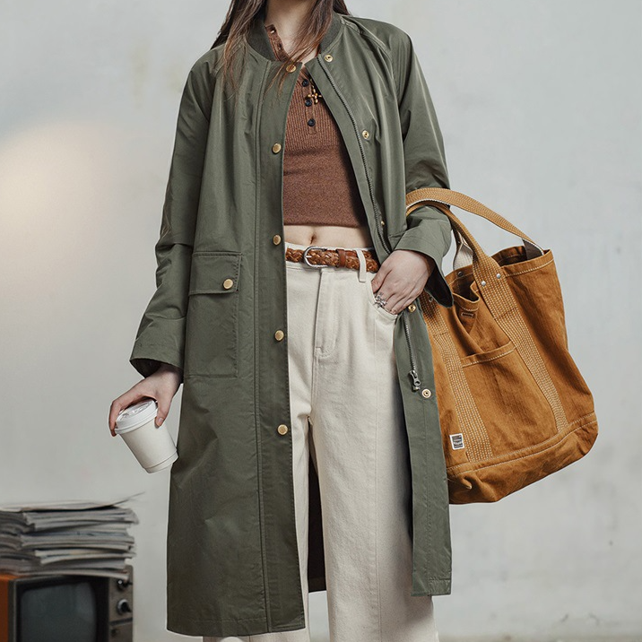 馬登女裝 復古橄欖綠風衣中長款高級感大衣寬鬆翻蓋口袋工裝外套春秋