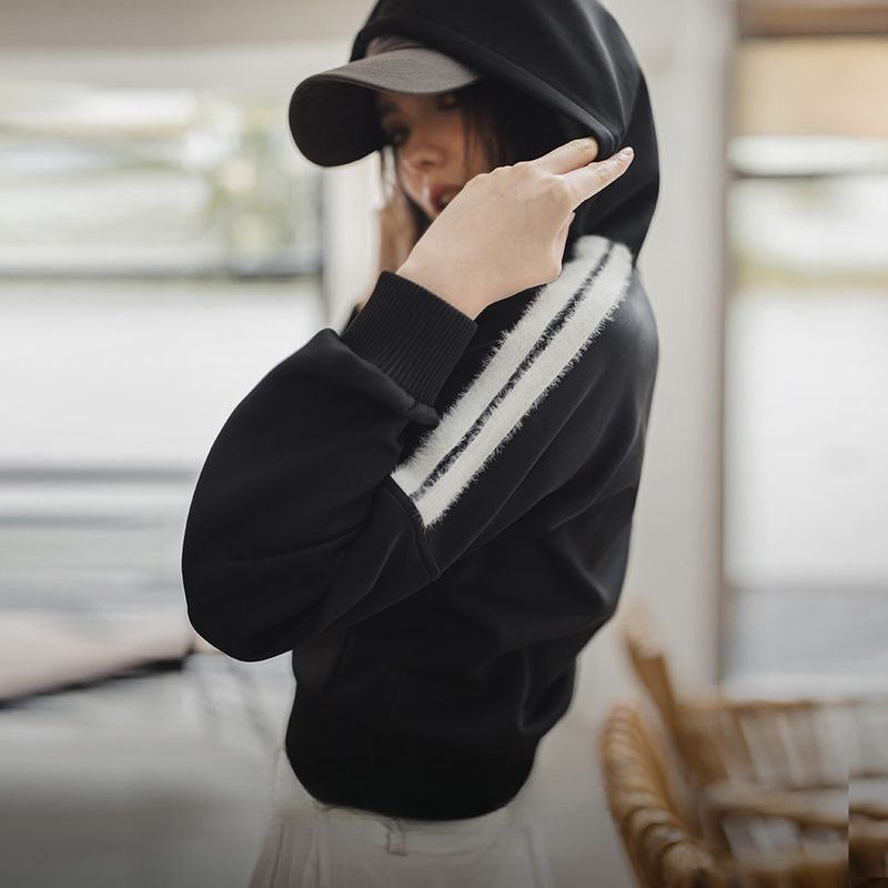 馬登女裝 空氣層hoodie開衫外套條紋毛絨拼接衛衣運動上衣