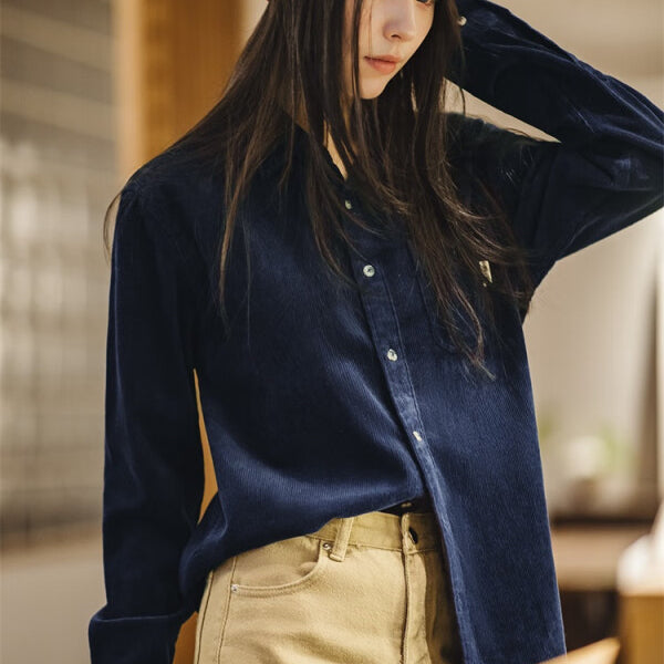 馬登女裝 美式復古燈芯絨襯衫寬鬆內搭休閒翻領長袖襯衣