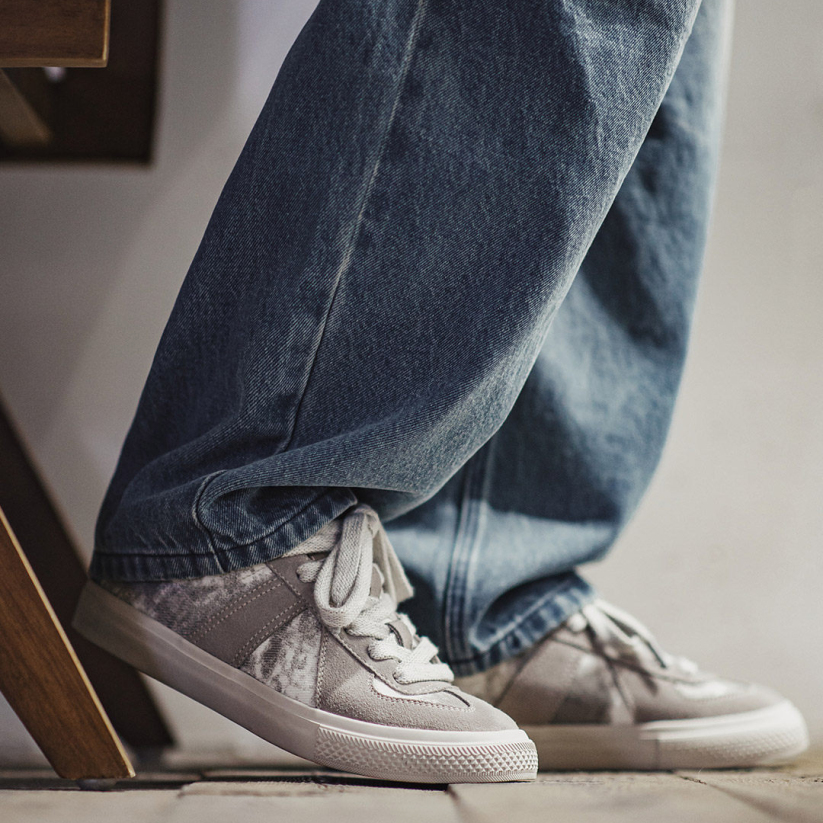 馬登男鞋 灰影德訓鞋男春季復古紮染帆布板鞋平底休閒百搭阿甘鞋子