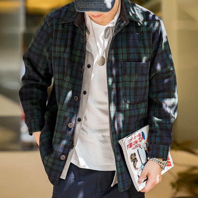馬登工裝 藍綠格子毛呢夾克寬松寬鬆厚實格紋襯衫外套