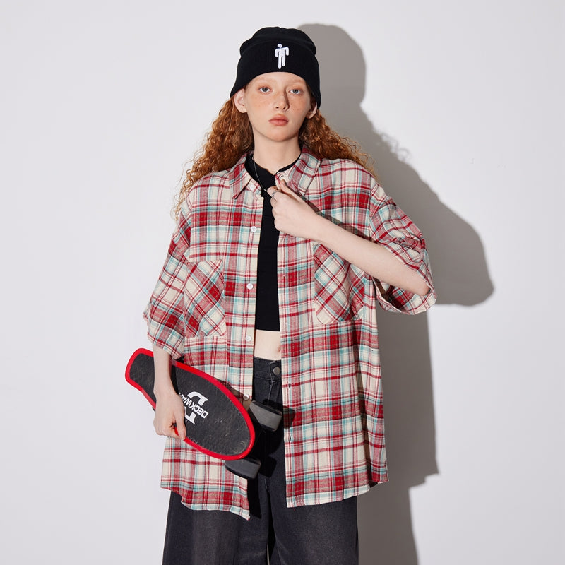 美式復古格子短袖襯衫T恤女夏季寬鬆半袖百搭襯衣潮